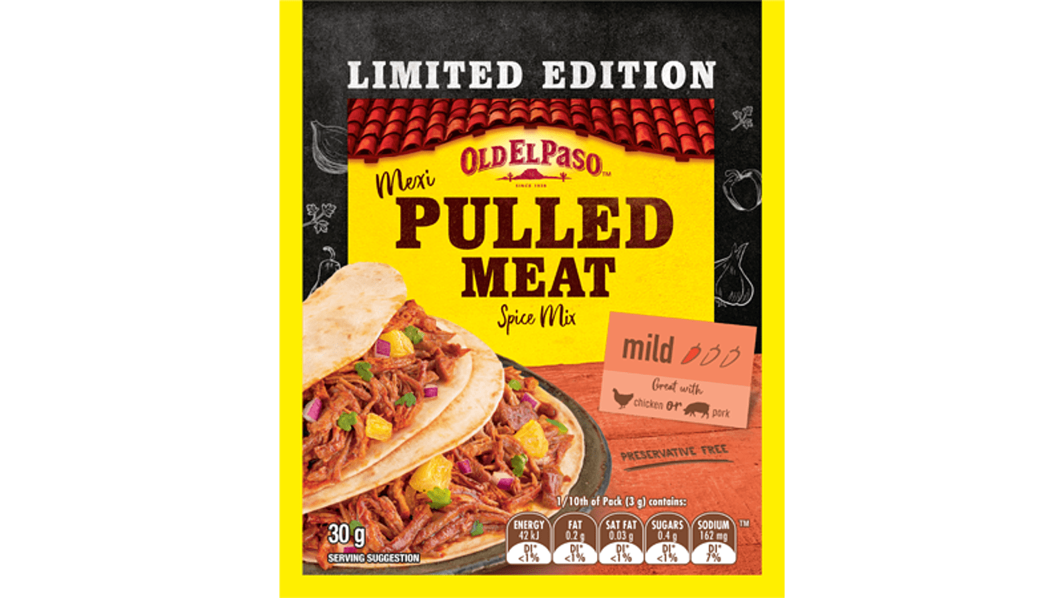 limited edition pack of Old El Paso's mexi pulled meat spice mix (30g)